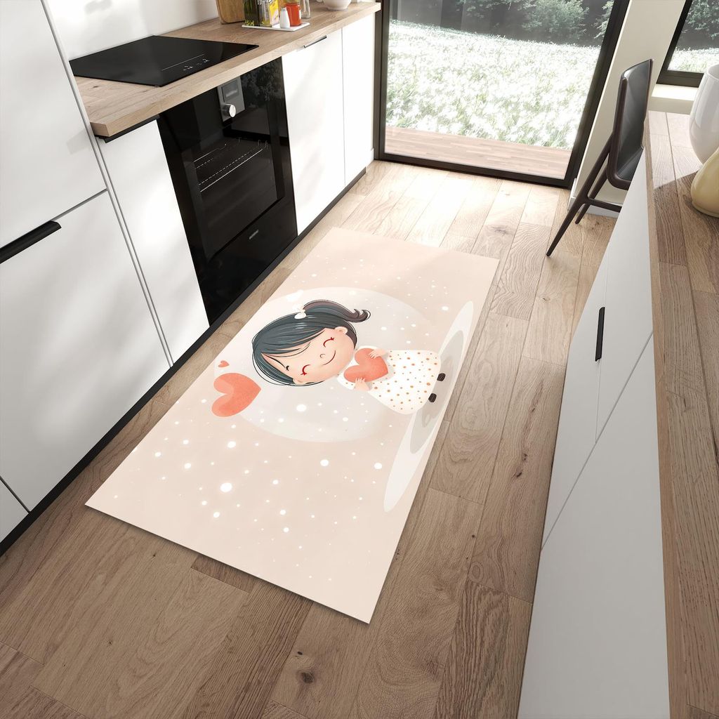 Küchenteppich 90x180cm rutschfest & abwischbar PVC Läufer - Herziges Maedchen Herz