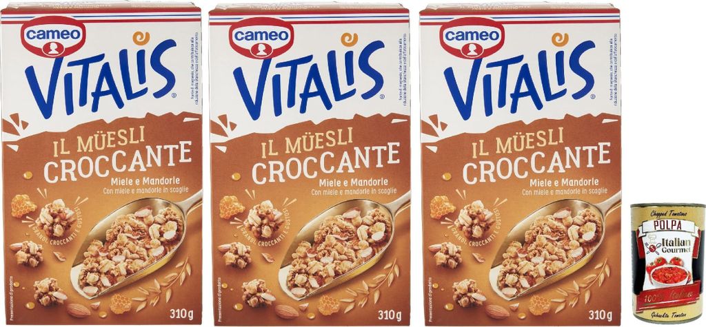 Cameo Vitalis Miele e Mandorle, Müsli knusprige getrocknete Honig und Mandeln Hafer Mandeln Anacardi Haselnüsse und Pekannusswalnüsse, 3x 310 g ...