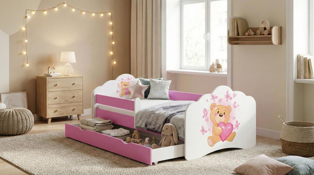 Happy Babies Kinderbett - Mit Matratze & Schublade und Rausfallschutz, 80x160, Mädchen Kinderbetten & Jugendbett Jungen Kids Bed