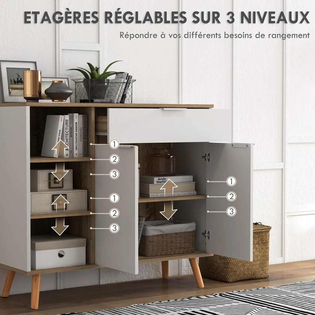 HOMCOM Buffet de cuisine blanc commode de rangement avec étagères réglables - 6