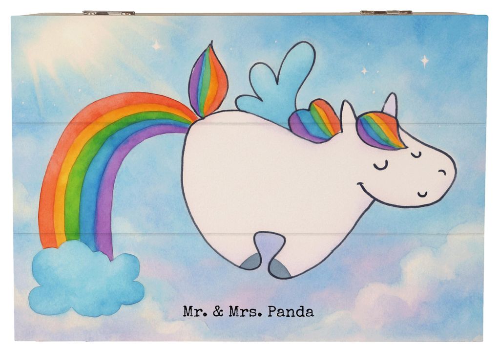 Mr. & Mrs. Panda Box Einhorn Fliegendes Pferd Design 22 x 15 cm - Weiß - Geschenk, Erinnerungsbox, Holzkiste, mit Deckel, Regenbogen, Unicorn, Gli...