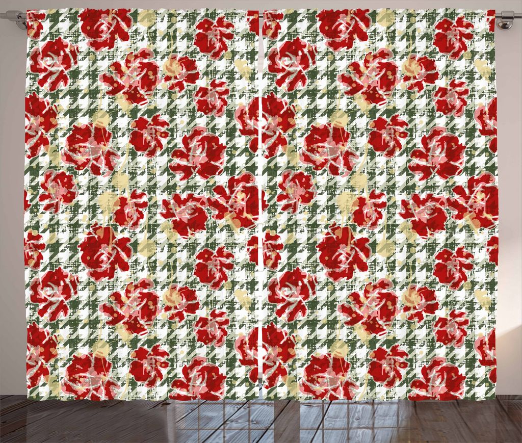 ABAKUHAUS Blumen Rustikaler Vorhang, Scottish Houndstooth, Wohnzimmer Universalband Gardinen mit Schlaufen und Haken, 280 x 175 cm, Jägergrün Rubin