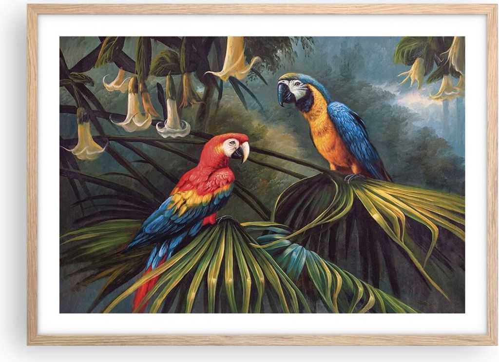 Gerahmtes Poster - Rahmen in heller Eiche - Ara Papageien Palmen - 70x50 cm - Wand Bild - Wanddeko - Wandbilder - Kunstposter - Wandposter - Bilder...