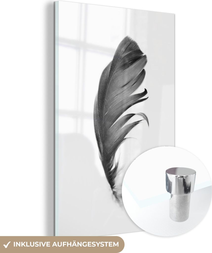 MuchoWow Glasbilder - Bilder auf Wandbild - Foto auf Glas Feder - Schwarz - Weiß - Natur 20x30 cm Wanddekoration aus Glas - Acrylglasbild - Acrylb...