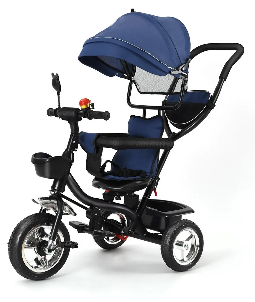 Tricycle évolutif 6 en 1 bleu foncé avec barre de poussée pour enfant