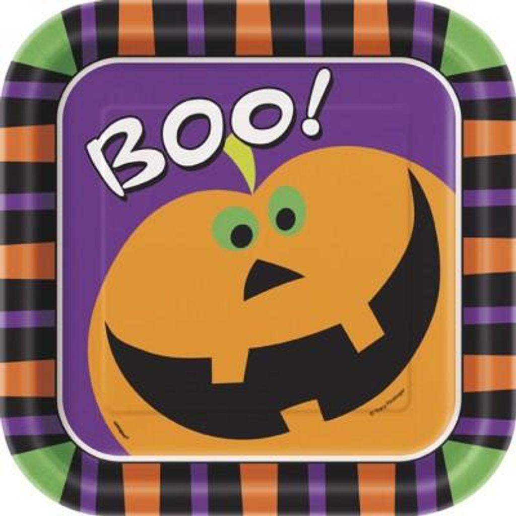 Pappteller quadratisch im Kürbis Boo! Design, 23 cm Durchmesser, 8 Stück für Halloween Party