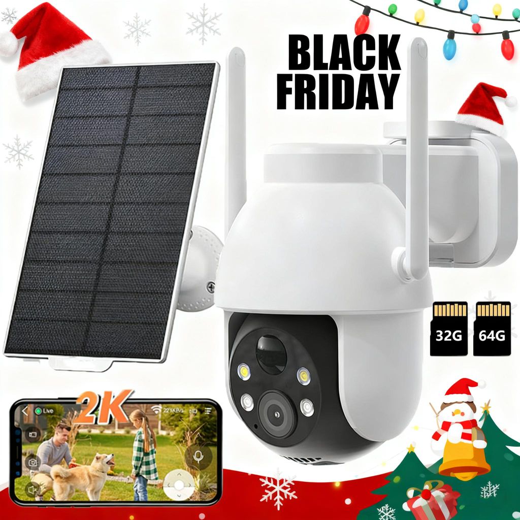 2K Überwachungskamera Aussen Solar 360° PTZ Kamera Aussen Akku 2.4GHz Kabellos mit PIR Bewegungsmelder Farb-Nachtsicht 2-Wege-Audio mit 32G&64G K...
