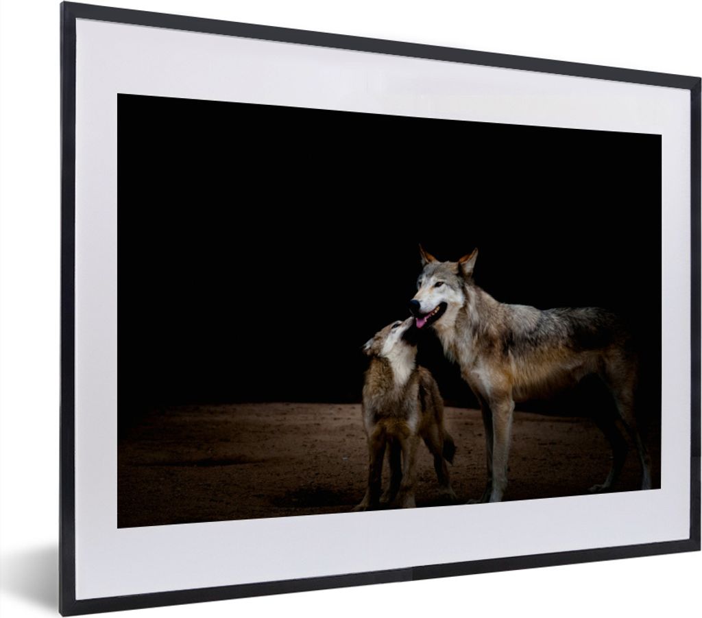 MuchoWow MuchoWow Gerahmtes Poster Mutterwölfin mit Welpe 40x30 cm - Poster mit zchwarzem Bilderrahmen - Bilderrahmen - Poster im Rahmen