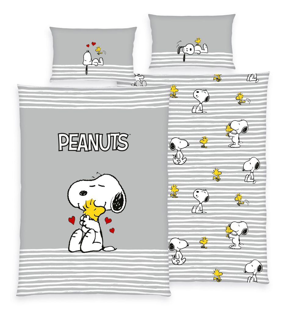 Peanuts Kinder Bettwäsche Snoopy 40x60 + 100x135 cm, 100% Baumwolle, Renforcé mit Reißverschluss
