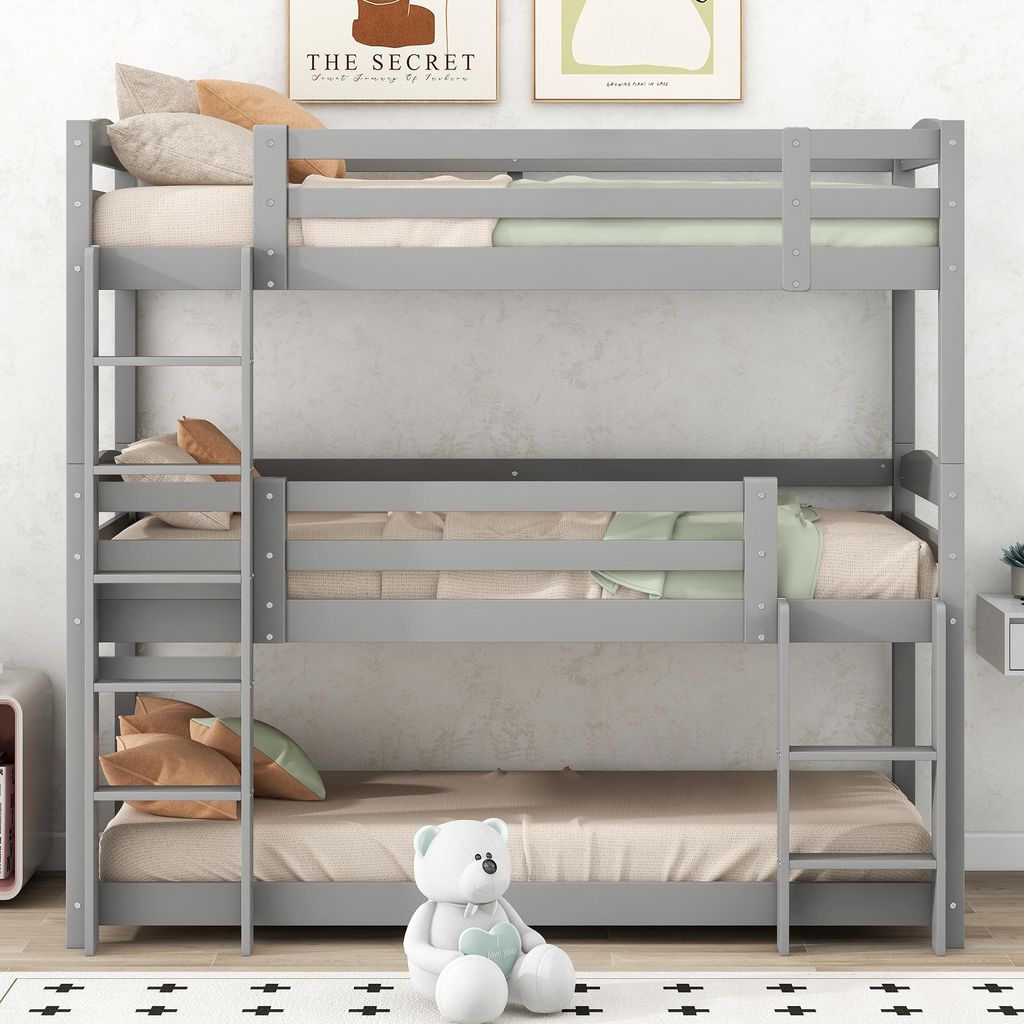 STILVORA Dreier-Etagenbett 90×200 Jugendbett Stockbett für drei Kinder aus Kiefernholz,Mit Absturzsicherung, Grau (ohne Matratze)