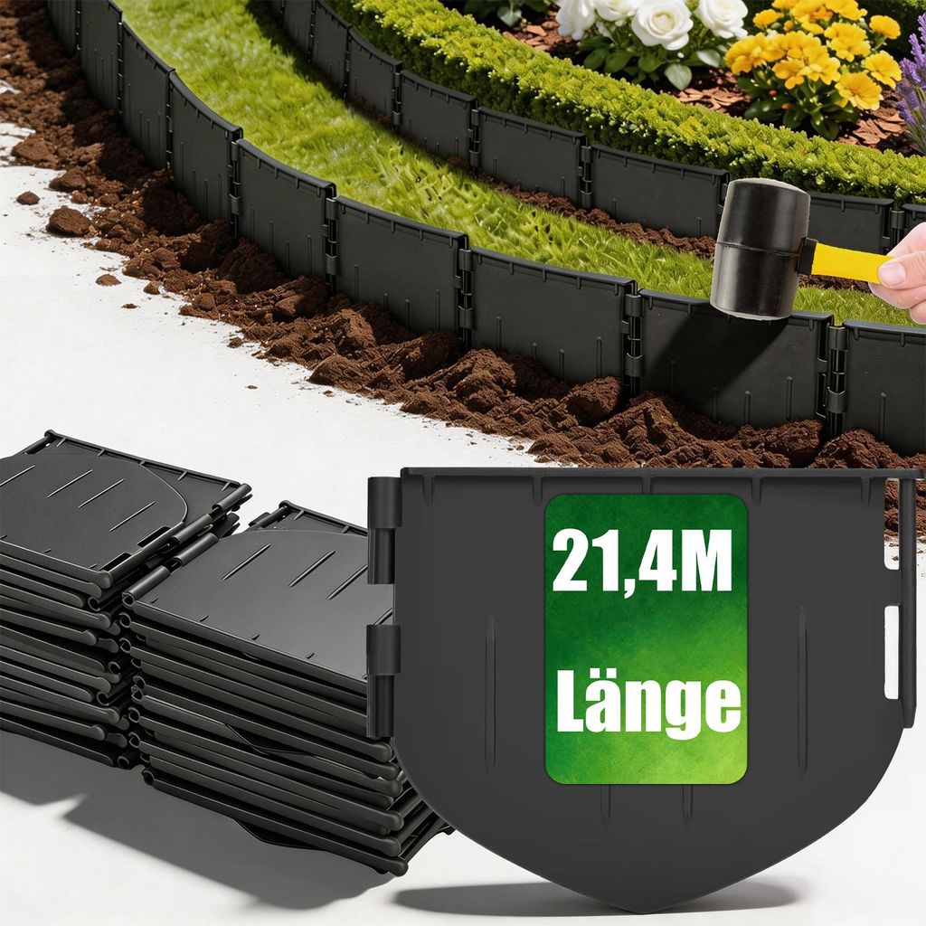 21,4 m Flexibel kunststoff Rasenkante Recyceltem Plastik Beetumrandung Beeteinfassung Mähkante Gartenpalisade Garten Wegbegrenzung, 21,4m x 13cm
