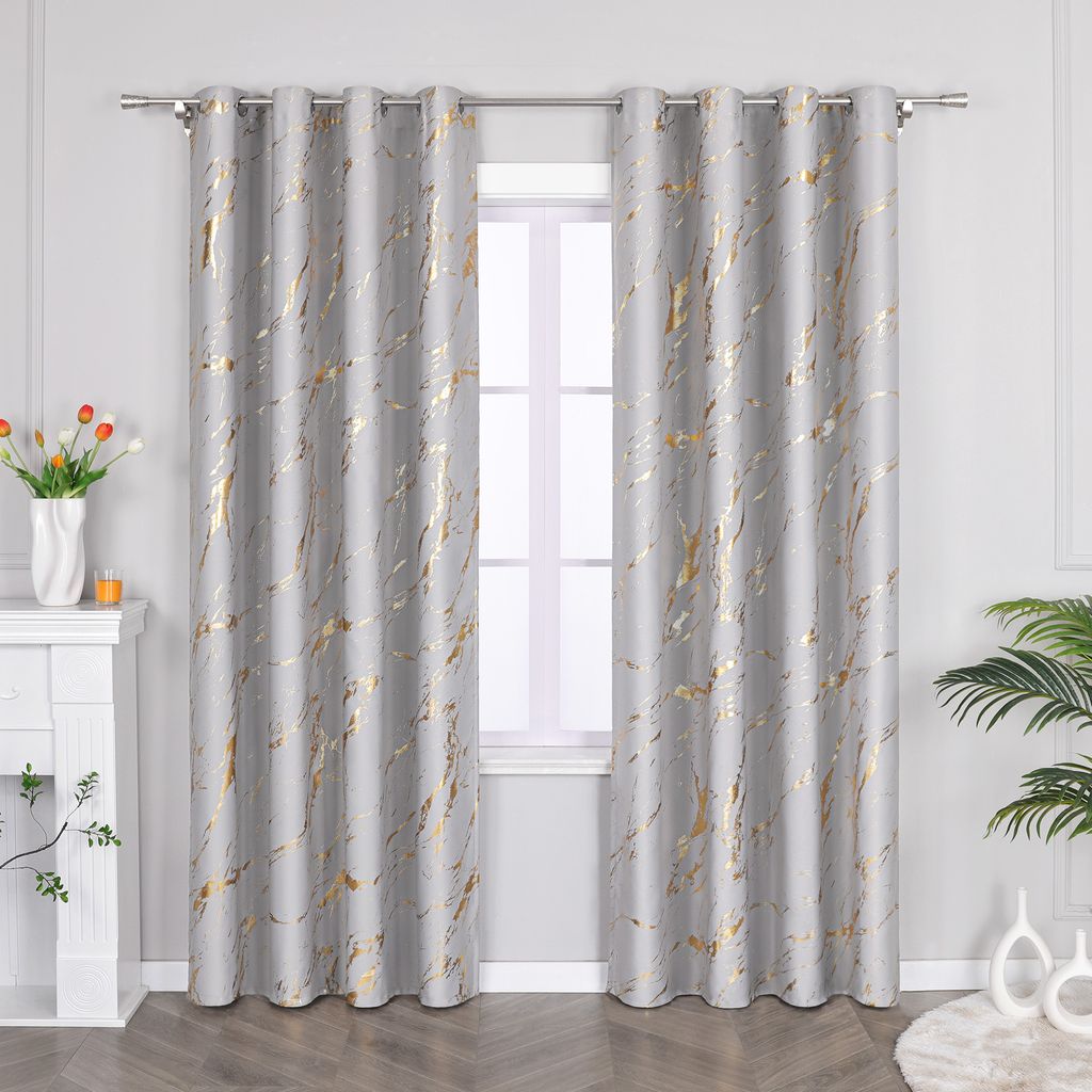 Joyswahl Verdunklungsvorhang Blickdicht Gardinen mit Ösen Thermovorhang Kälteschutz mit Gold Glanzdruck Wohnzimmer Grau HxB 245x280 cm