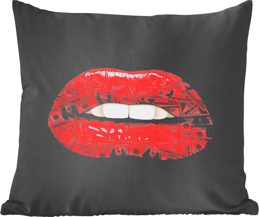 MuchoWow Zierkissen Sofakissen Wohnzimmer Dekokissen 40x40 cm Lippen - Geld - Rot - Foto Kissen - Schlafzimmer Dekoration