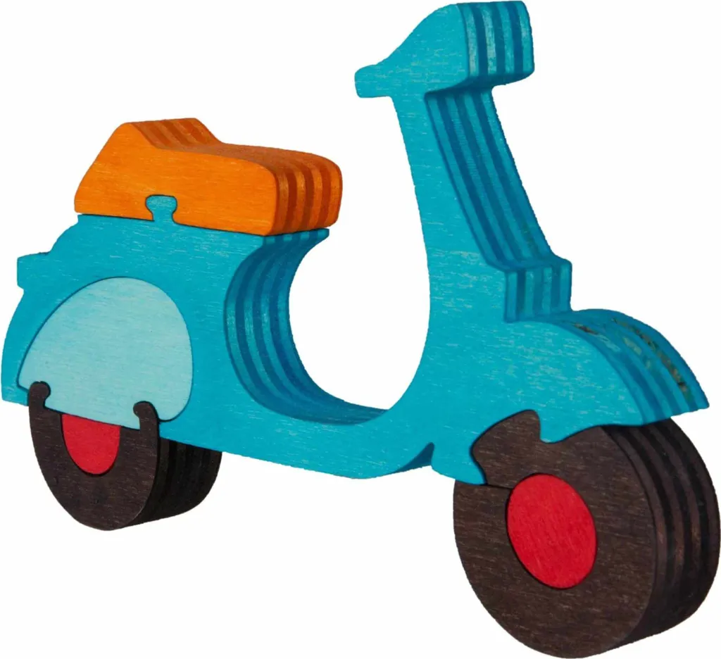 Puzzle Bois Scooter 7 Pièces 20x12cm : Qualité Artisanale d'Italie 12m+