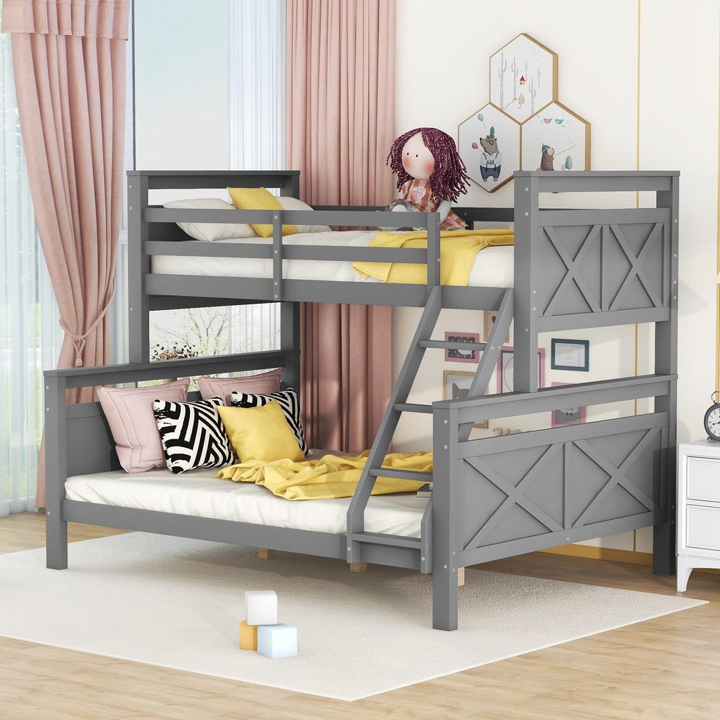 Flieks Etagenbett mit Rausfallschutz, Hochbett mit Leiter, Kinderbett 90x200cm/140x200cm, Stockbett mit Lattenrost, Massivholzbett für Kinder, Grau