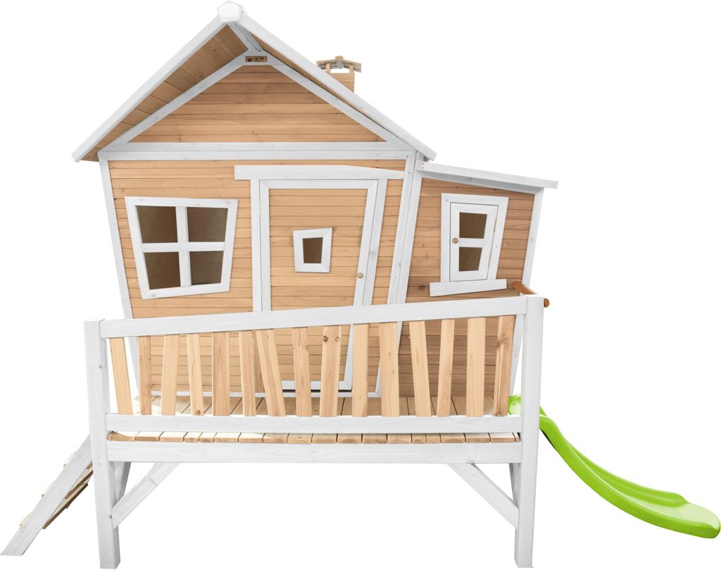 AXI Spielhaus Emma mit hellgrüner Rutsche | Stelzenhaus in Braun & Weiß aus Holz für Kinder | Spielturm für den Garten
