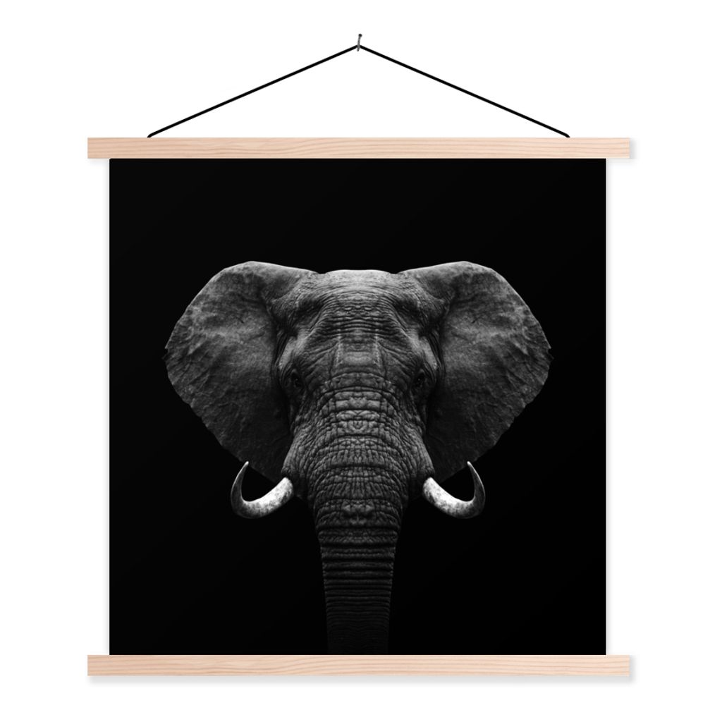MuchoWow Textilposter Tiere - Elefant - Porträt - Schwarz - Weiß 60x60 cm mit holzfarbenen Rahmen - Wanddekoration