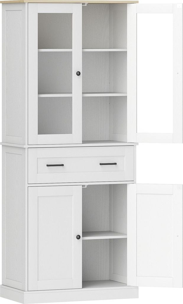 Küchenschrank Buffet mit Acrylfront und Schubladen, 76x40x182,5 cm, Cremeweiß, Moderner Küchenunterschrank mit Stauraum