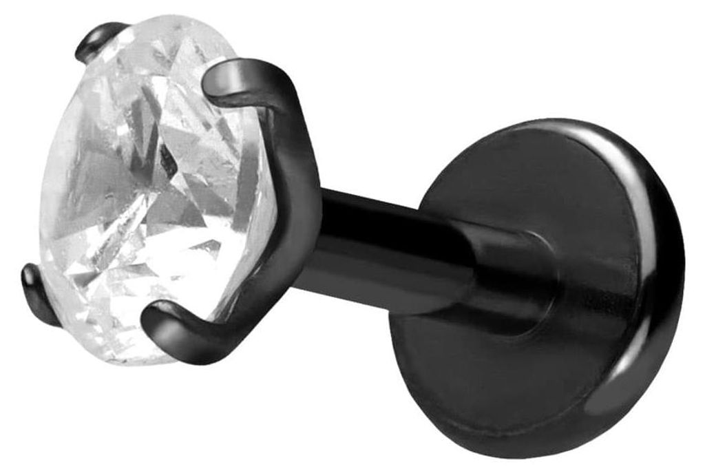 Ohrpiercing, Nasenpiercing Titan Labret mit Push Fit EINGEFASSTER KRISTALL Schwarz Stablänge: 7mm | Stabstärke: 1,2mm | Kristallgröße: 4mm