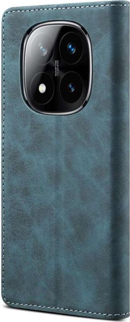 A close-up view of a blue leather flip case for a smartphone, showing the camera module area.