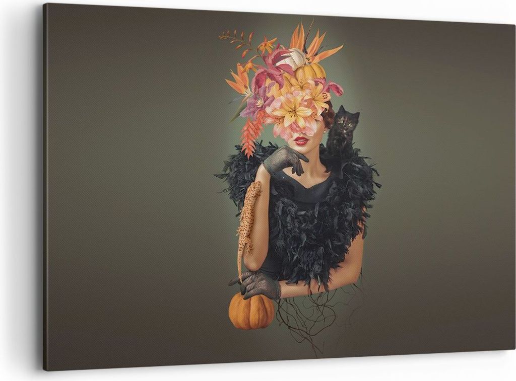 Bild auf Leinwand - Leinwandbild - Einteilig - Frau Katze Blumen - 100x70cm - Wand Bild - Wanddeko - Wandbilder - Leinwanddruck - Bilder - Wanddeko...