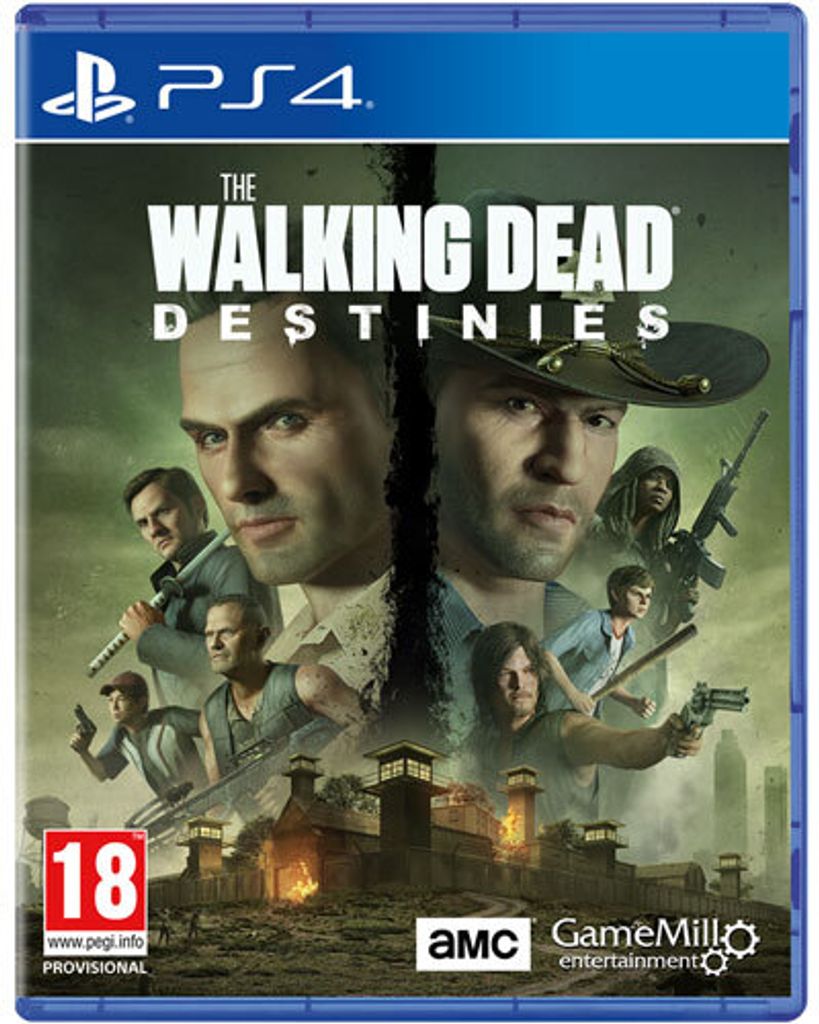 The image is a video game cover for 'The Walking Dead: Destinies' on PS4. It features several characters from the series, a prison-like setting, and game branding.
