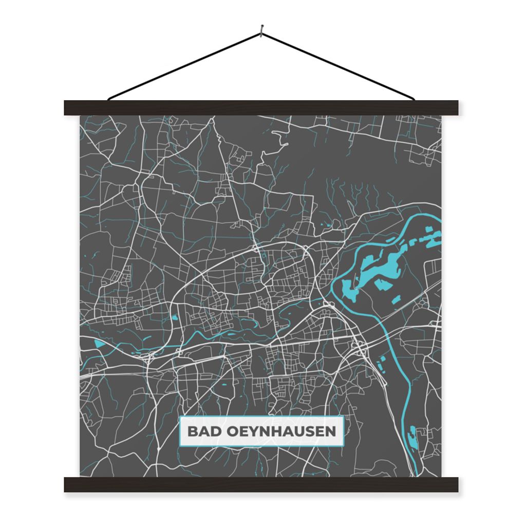 MuchoWow Textilposter Karte - Stadtplan - Bad Oeynhausen - Deutschland - Blau 120x120 cm mit schwarzem Rahmen - Aufhängungsset