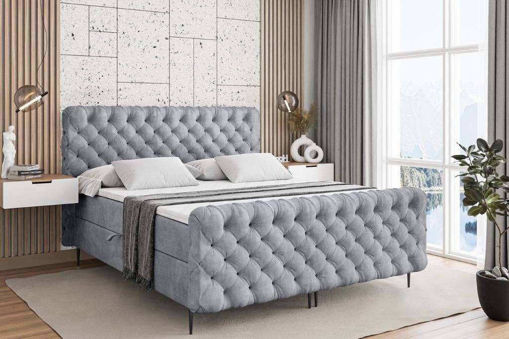 ALTDECOR Boxspringbett mit Schwarz Füßen, Matratze und Lattenrost, Topper, Fußteil, Polsterbett mit Bettkasten, Bett mit Stauraum H4-Matratze, D...