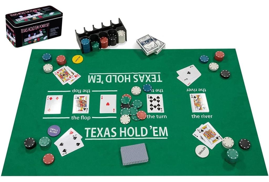 Texas Hold'em Poker-Set – mit Karten, Spieltuch und 200 Chips (4 Gramm) – in einer Dose