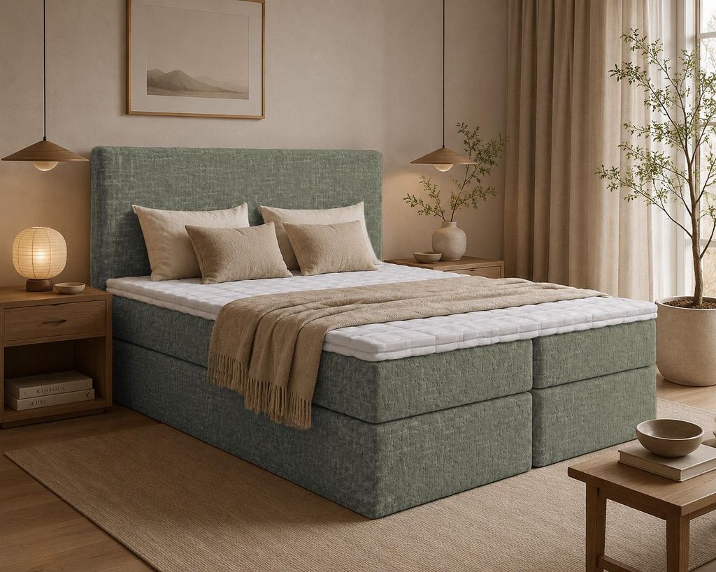 Boxspringbett BOKA Bett aus Chenille-Stoff Doppelbett mit Bonellfederkernmatratze und Bettkasten (180x200, Olive - Tocco 18, topper T25)