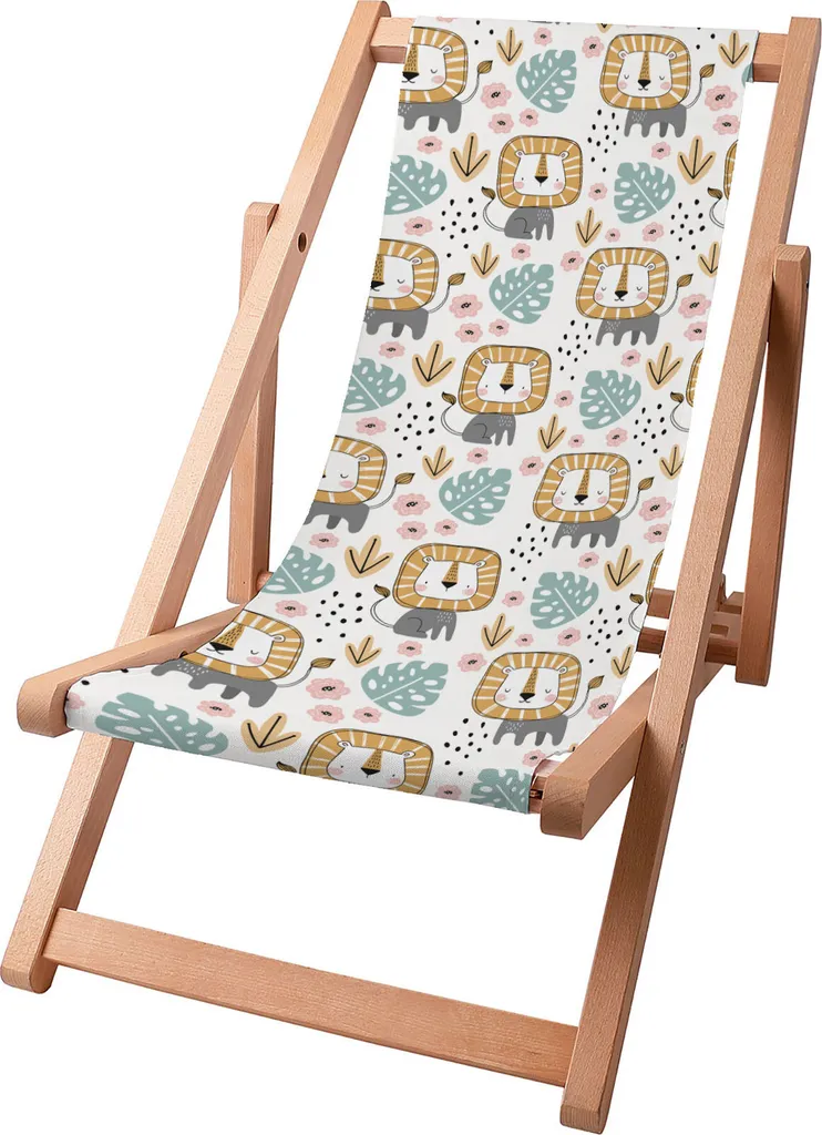 Sdraio per bambini Dreamroots pieghevole in legno fino a 130 kg, sdraio pieghevole con regolazione dell'inclinazione dello schienale in 3 fasi, Lion in the Jungle