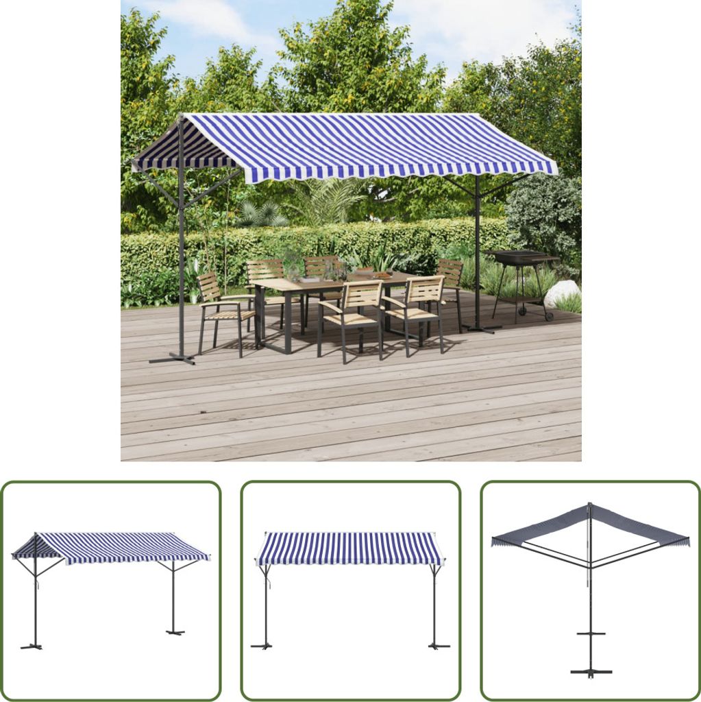 The Living Store Freistehende Markise Blau und Weiß 400x300 cm Stoff und Stahl