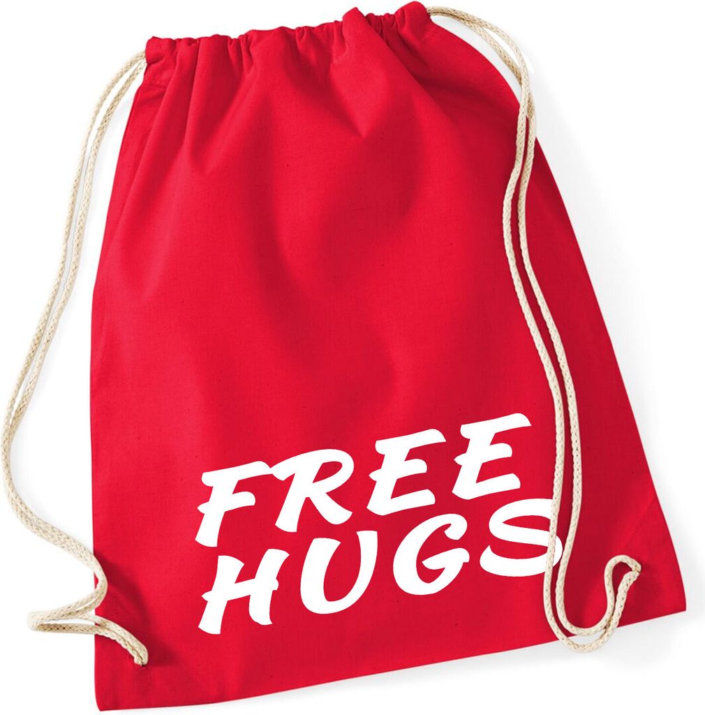 Huuraa Turnbeutel Free Hugs Schriftzug 12 Liter Classic Red Baumwolle Rucksack Geschenkidee