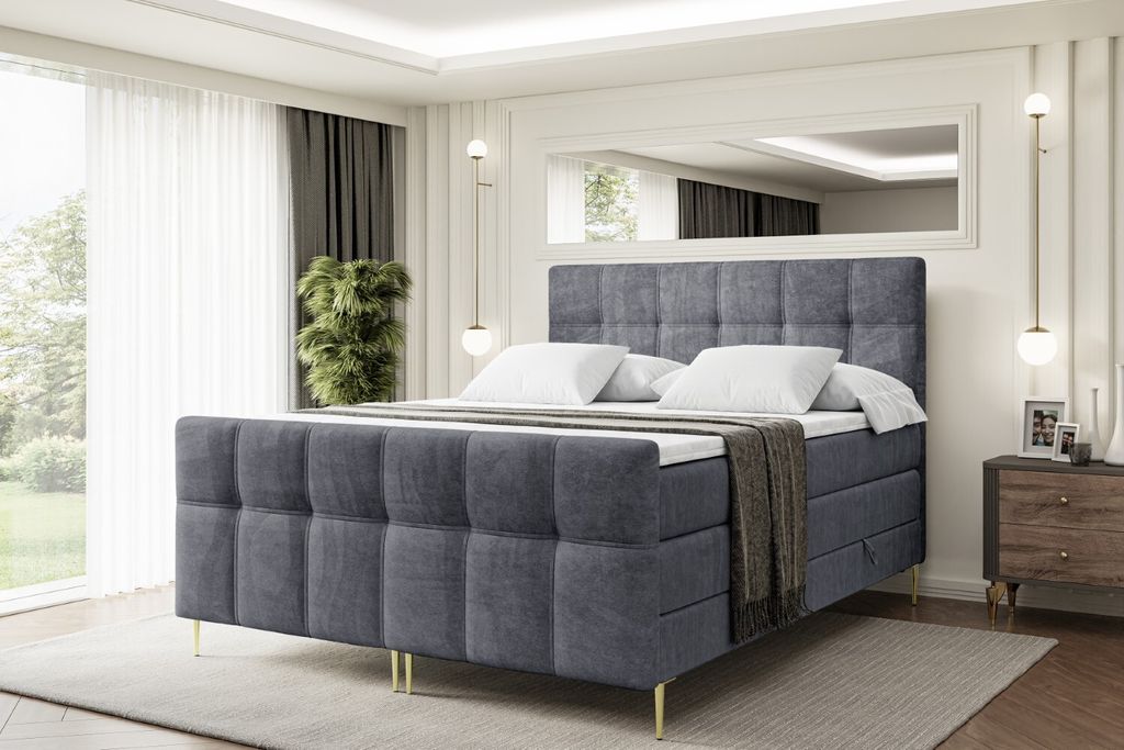 ALTDECOR Boxspringbett mit Gold Füßen, Matratze und Lattenrost, Topper, Fußteil, Polsterbett mit Bettkasten, Bett mit Stauraum H3- und H4- Matra...