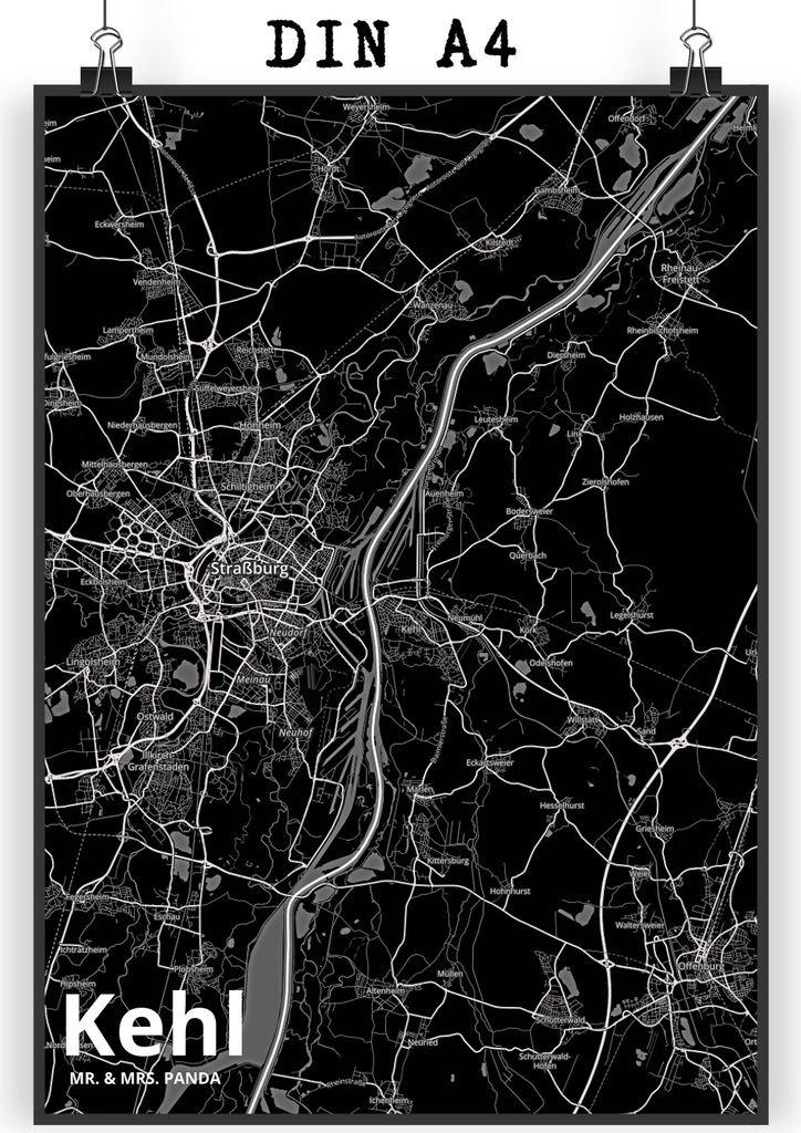 Mr. & Mrs. Panda Bild Kehl DIN A4 - Geschenk, drucke, Wanddekoration, wandkunst, Stadt, Dorf Karte Landkarte Map Stadtplan, wanddeko, Wandbild
