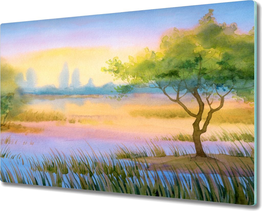 Coloray Schneidebrett Herdabdeckplatte 80x52 cm Kochplattenabdeckung Küchenbrett Hackbrett - Aquarell Natur Baum