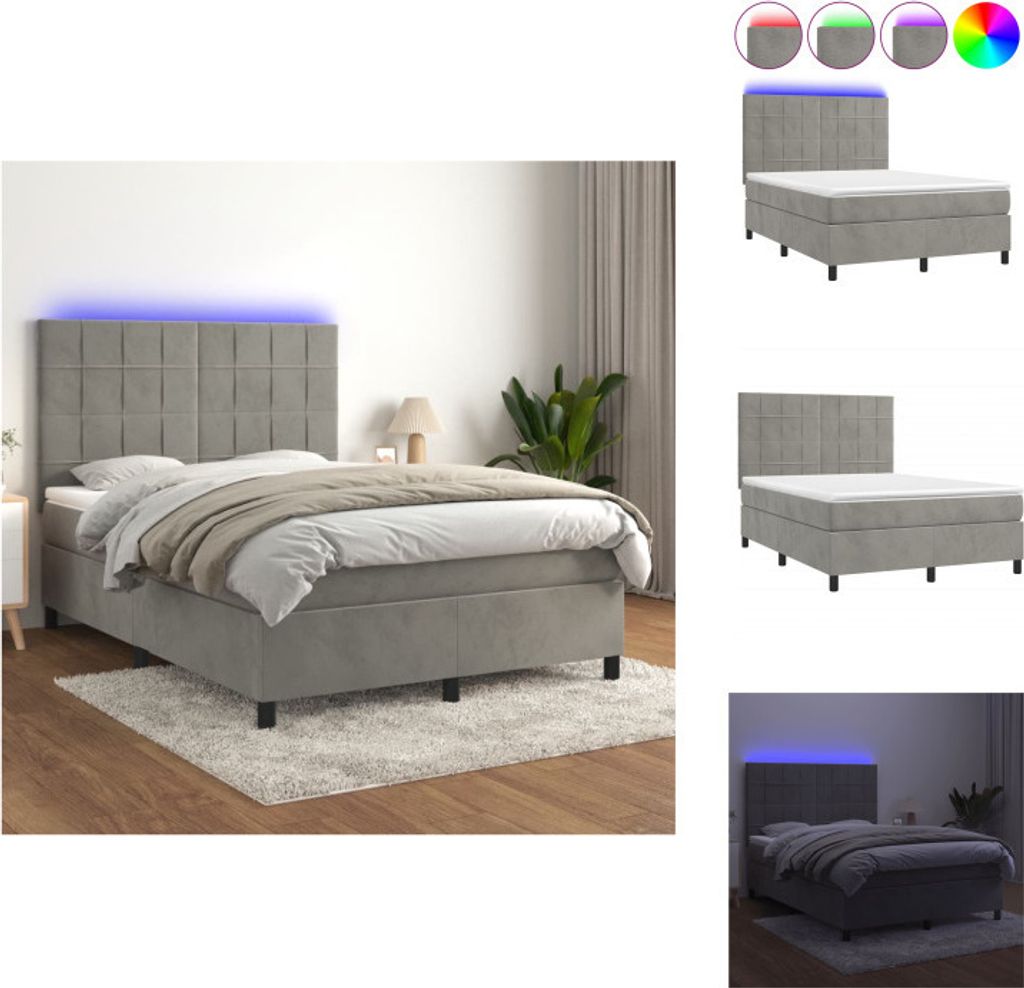 vidaXL Boxspringbett mit Matratze & LED Hellgrau 140x200 cm Samt - Betten & Bettgestelle