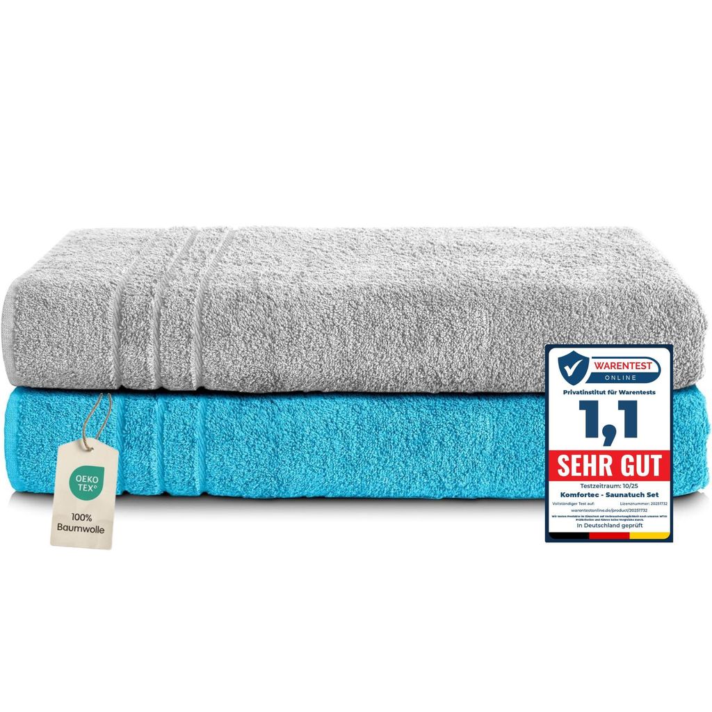 Komfortec 2er Saunatuch Set 80x200 cm aus 100% Baumwolle, XXL-Saunatücher, Sauna Handtuch, Weich, Groß, Frottee, Schnelltrocknend, Silber Grau/T...