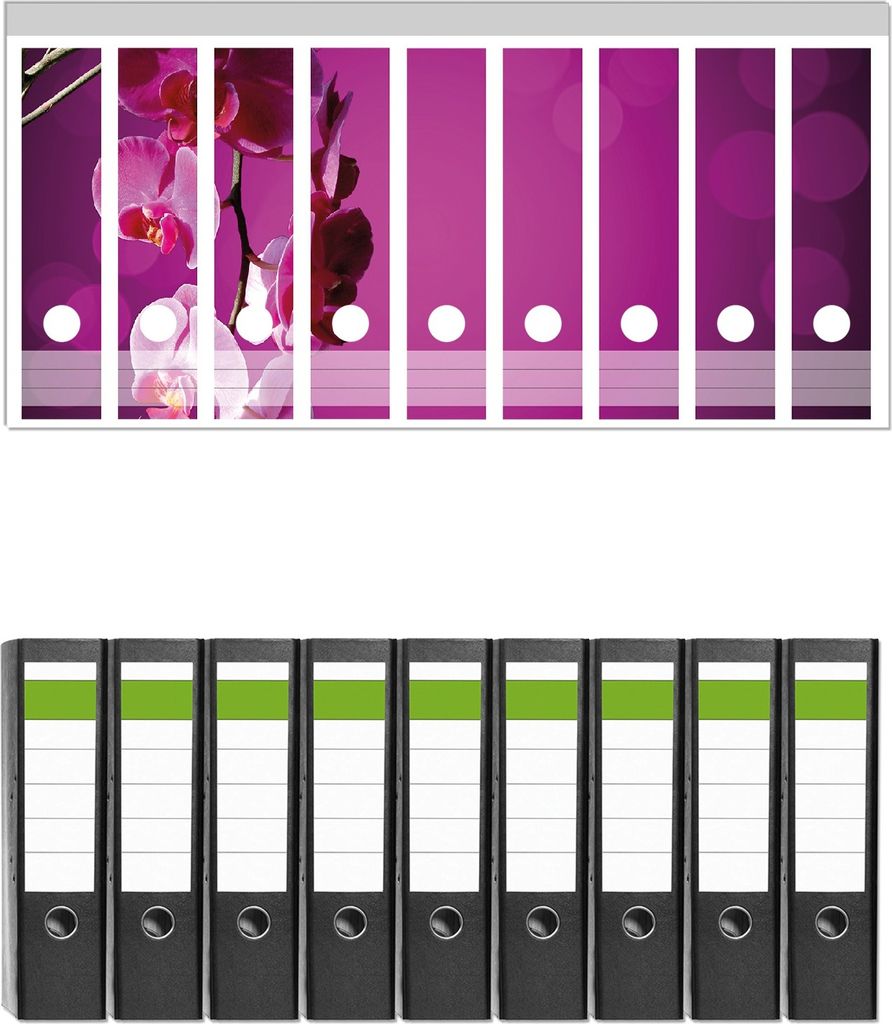 Wallario 9 Stück breite Ordner inkl. Klebeetiketten mit Motive Rosafarbene Orchidee Blüten in pink - Set mit Rückenschildern / Ordnerrücken S...