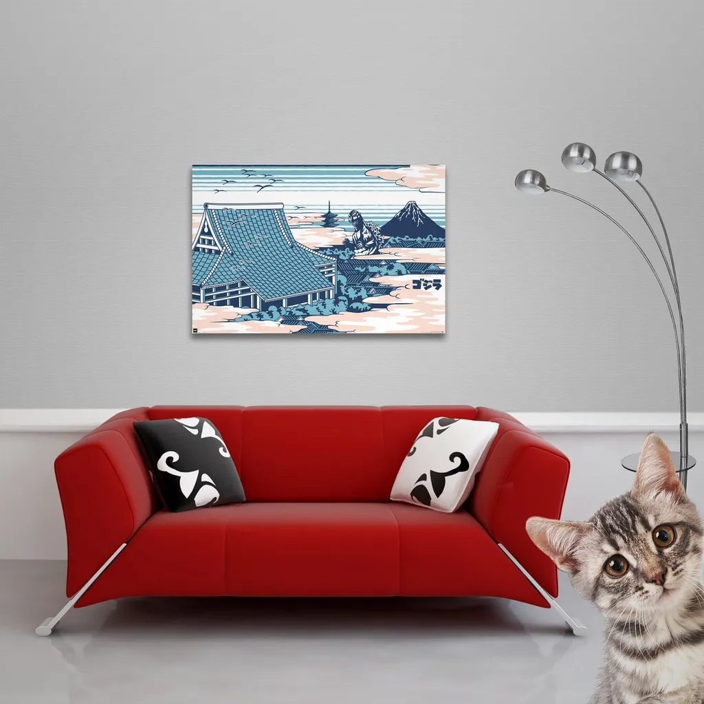 Affiche Godzilla Géante et Kit de Fixation Rails en Bois Noir de 92 cm