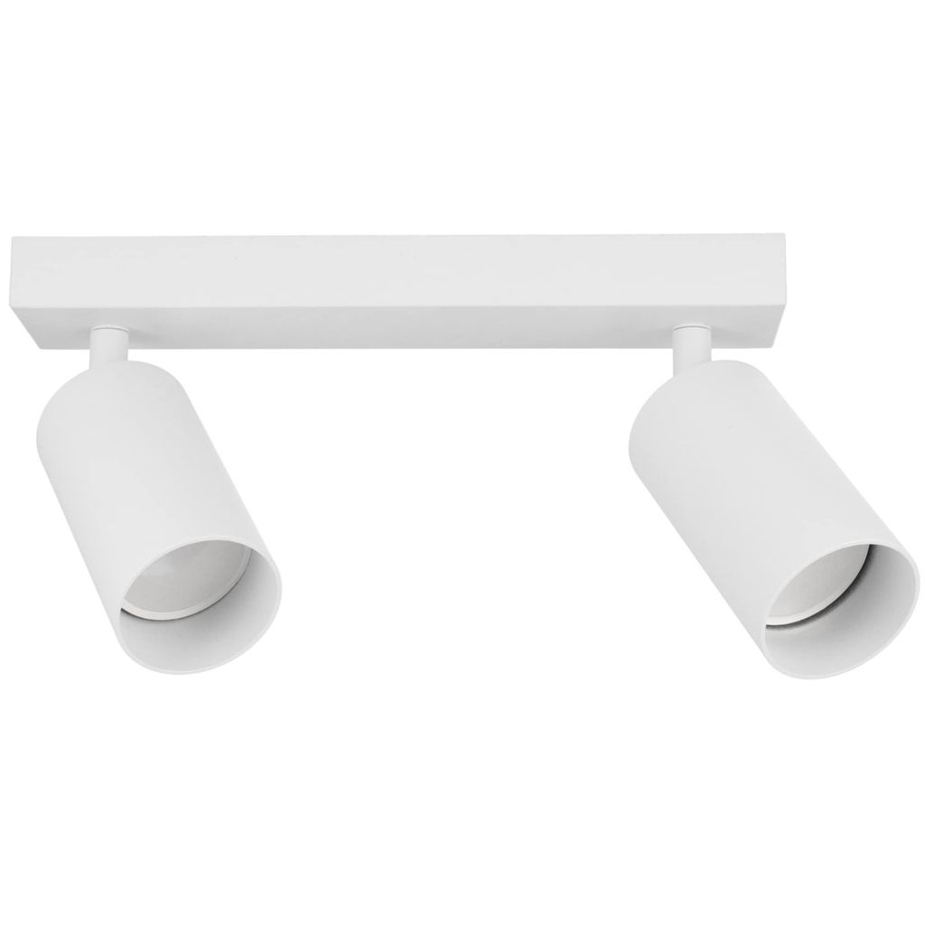 A white, two-headed ceiling spotlight mounted on a white bar.