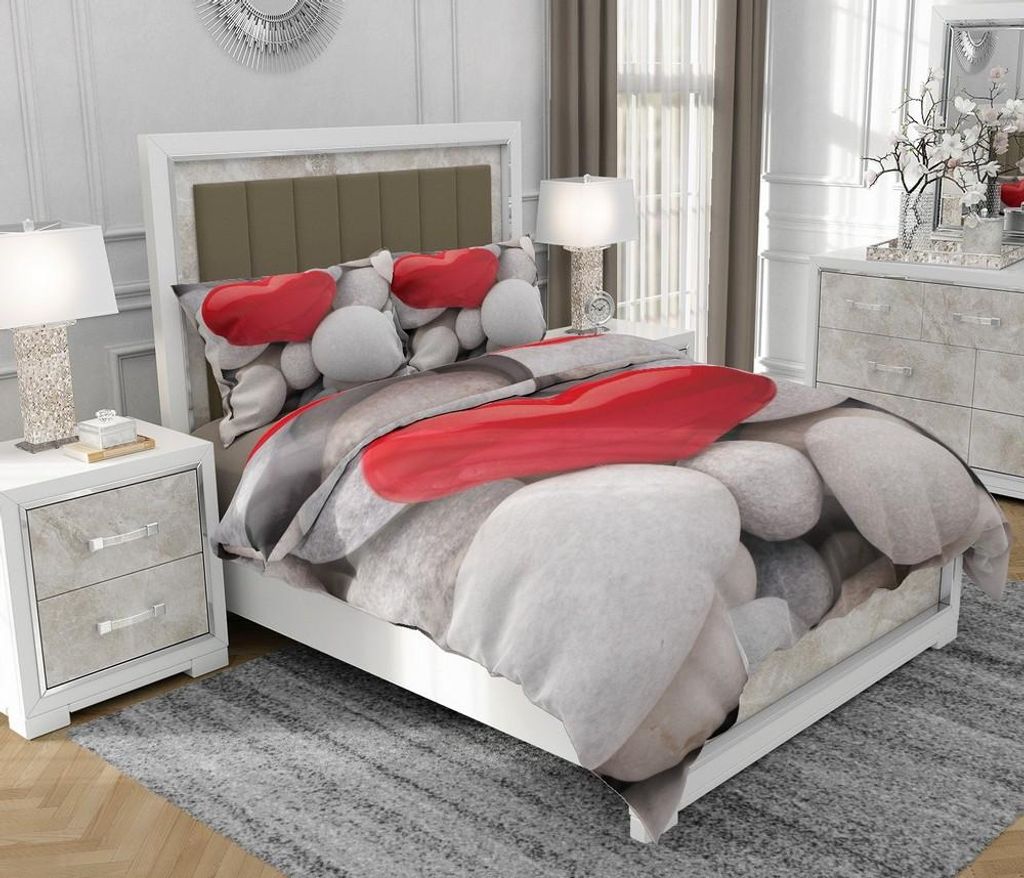Bettwäsche 160x200 cm + 2x70x80 cm, 3-teilig, 100% Baumwolle, Satin, Reißverschluss, Herzen, Rot - SOVIO | So.0068