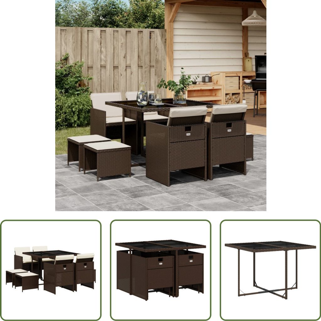 The Living Store 9-tlg. Garten-Essgruppe mit Kissen Braun Poly Rattan