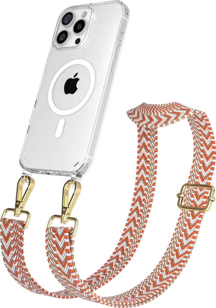 EAZY CASE - Handykette mit MagSafe Hülle für Apple iPhone 16 Pro Max, Handyband ZigZag Style,Karabiner Gold, Umhängeband in Beige