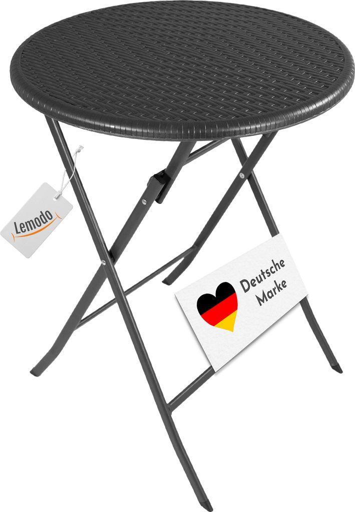 Klapptisch rund, Rattan-Optik, schwarz, 60 cm, Balkontisch, klappbar