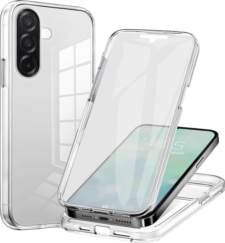 A clear plastic phone case is shown from multiple angles, with a phone inside one of the cases.