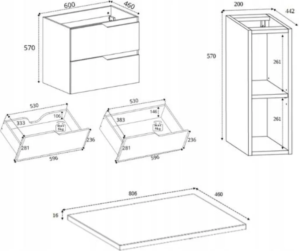 Meuble Salle de Bain 100 cm Noir et Blanc Suspendu avec 2 Tiroirs