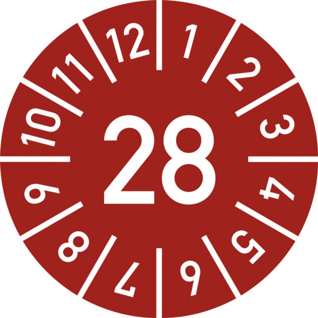 Dreifke Prüfplakette Jahr 28 mit Monaten, rot, Dokumentenfolie, Ø 25 mm, 10 ...