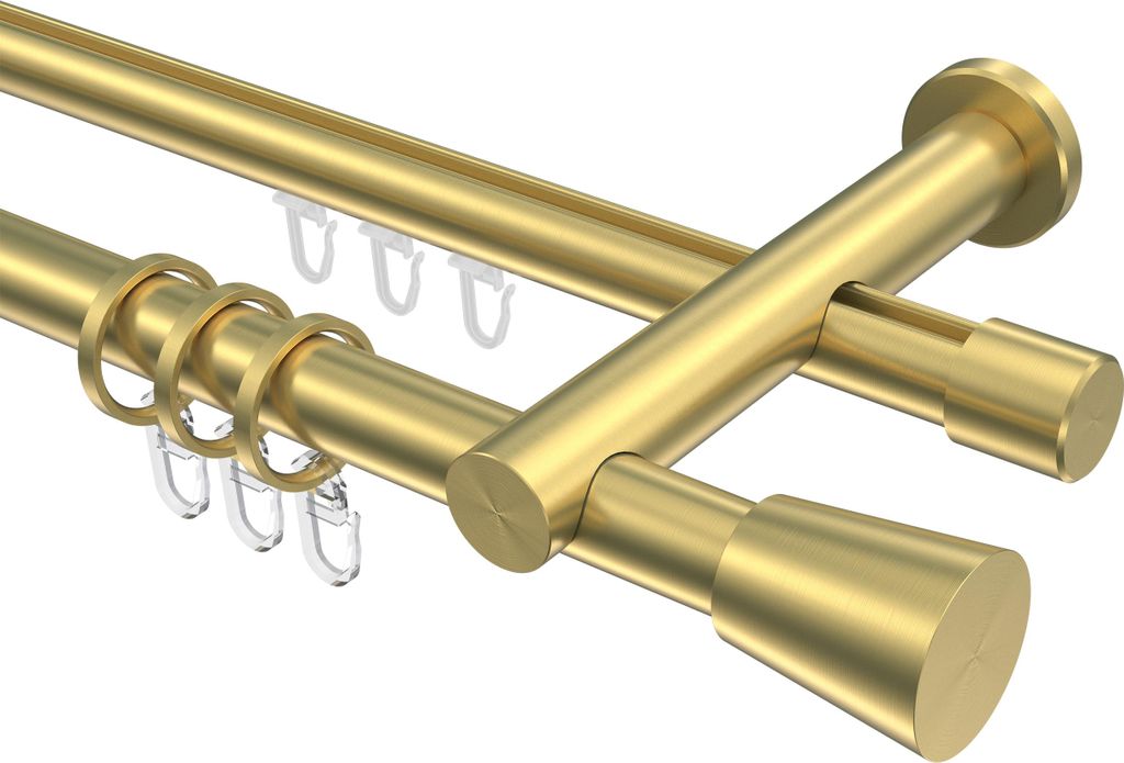 Interdeco Rundrohr-Innenlaufstange / Gardinenstange (Kombination) Messing-Optik, Typ Platon Sitra (Konus), 20 mm Ø 2-läufig, 520 cm