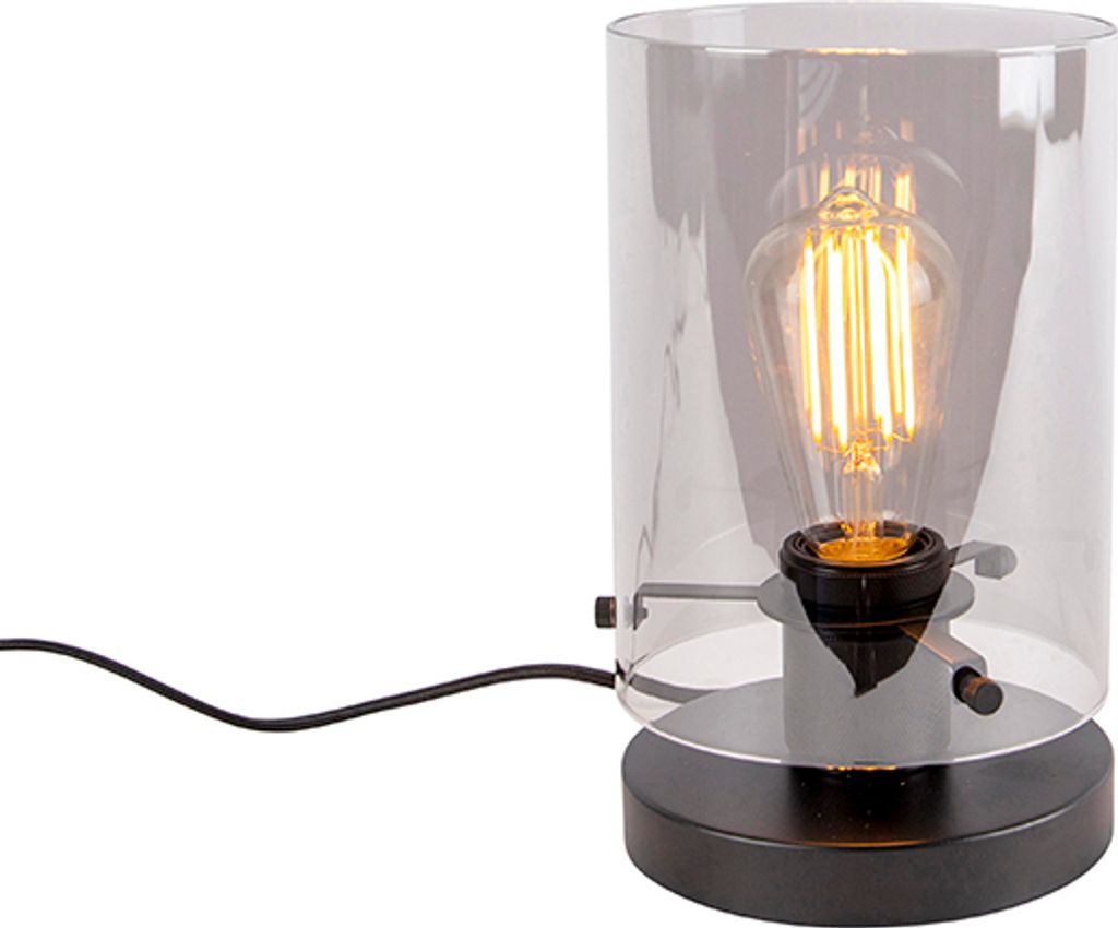 QAZQA - Design Tischlampe schwarz mit Rauchglas - Kuppel I Wohnzimmer I Schlafzimmer - Zylinder - LED geeignet E27